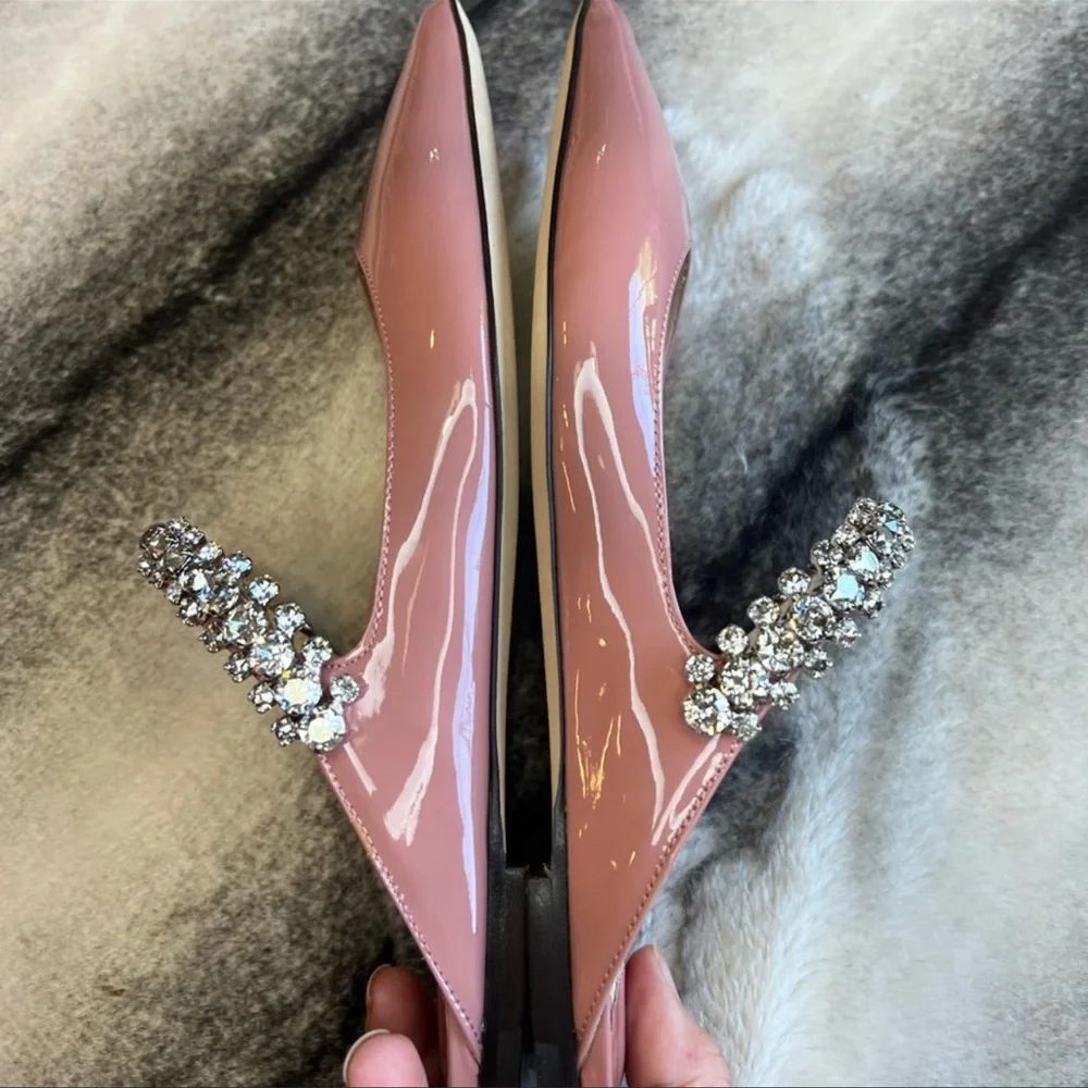 Jimmy Choo Bing Embellished Strap Point Toe Blush Patent Leather Pump Flats - Picture 4 of 10